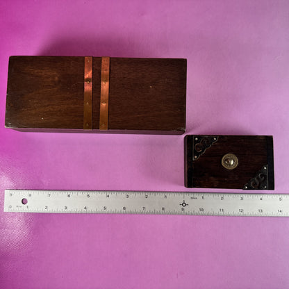 Hand-carved, Pair of Wooden Trinket Boxes Trimmed in Metal