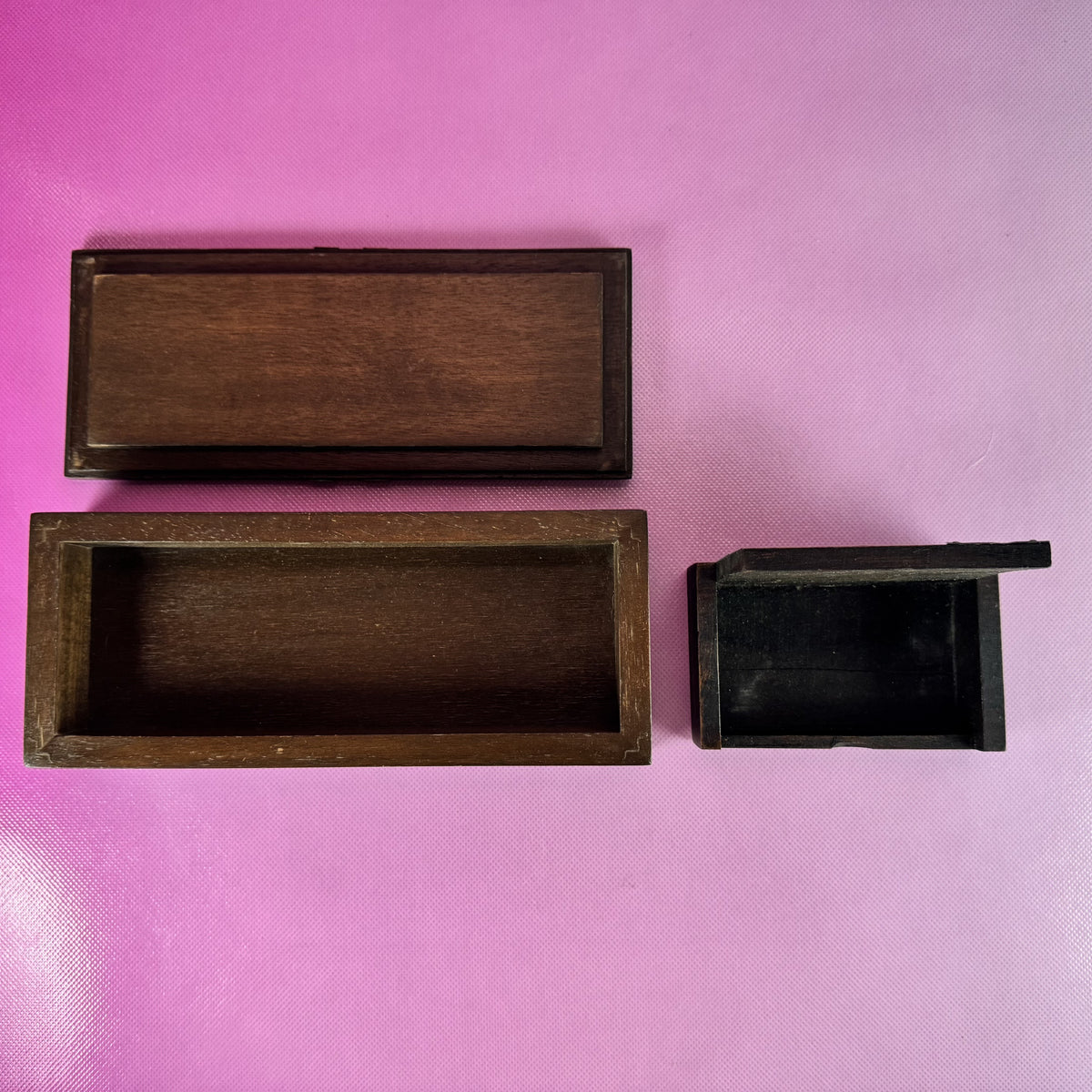 Hand-carved, Pair of Wooden Trinket Boxes Trimmed in Metal