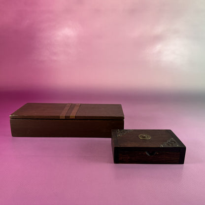 Hand-carved, Pair of Wooden Trinket Boxes Trimmed in Metal