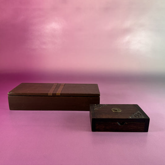 Hand-carved, Pair of Wooden Trinket Boxes Trimmed in Metal