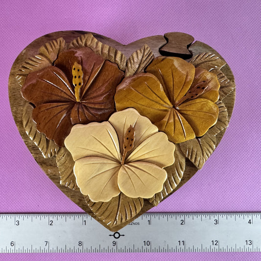 Heart-shaped, Hand-carved, Puzzle Box with Foral Details