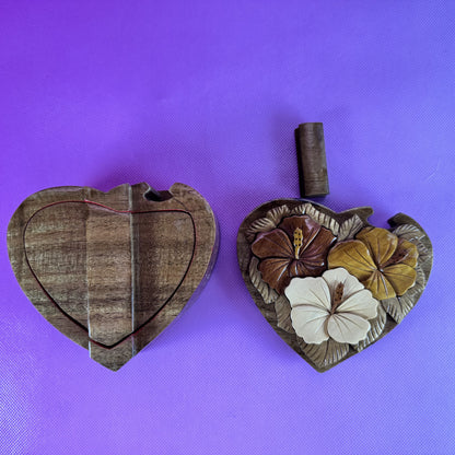 Heart-shaped, Hand-carved, Puzzle Box with Foral Details