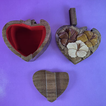 Heart-shaped, Hand-carved, Puzzle Box with Foral Details