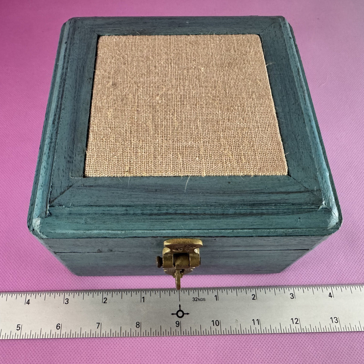 Teal Wooden Box with Clasp and Burlap Trim