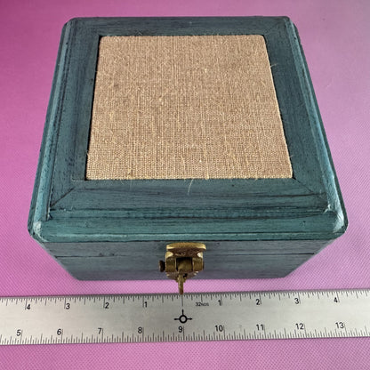 Teal Wooden Box with Clasp and Burlap Trim