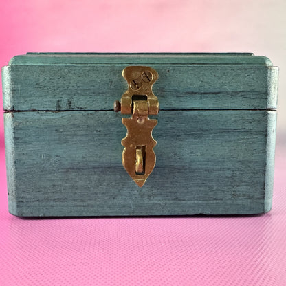 Teal Wooden Box with Clasp and Burlap Trim
