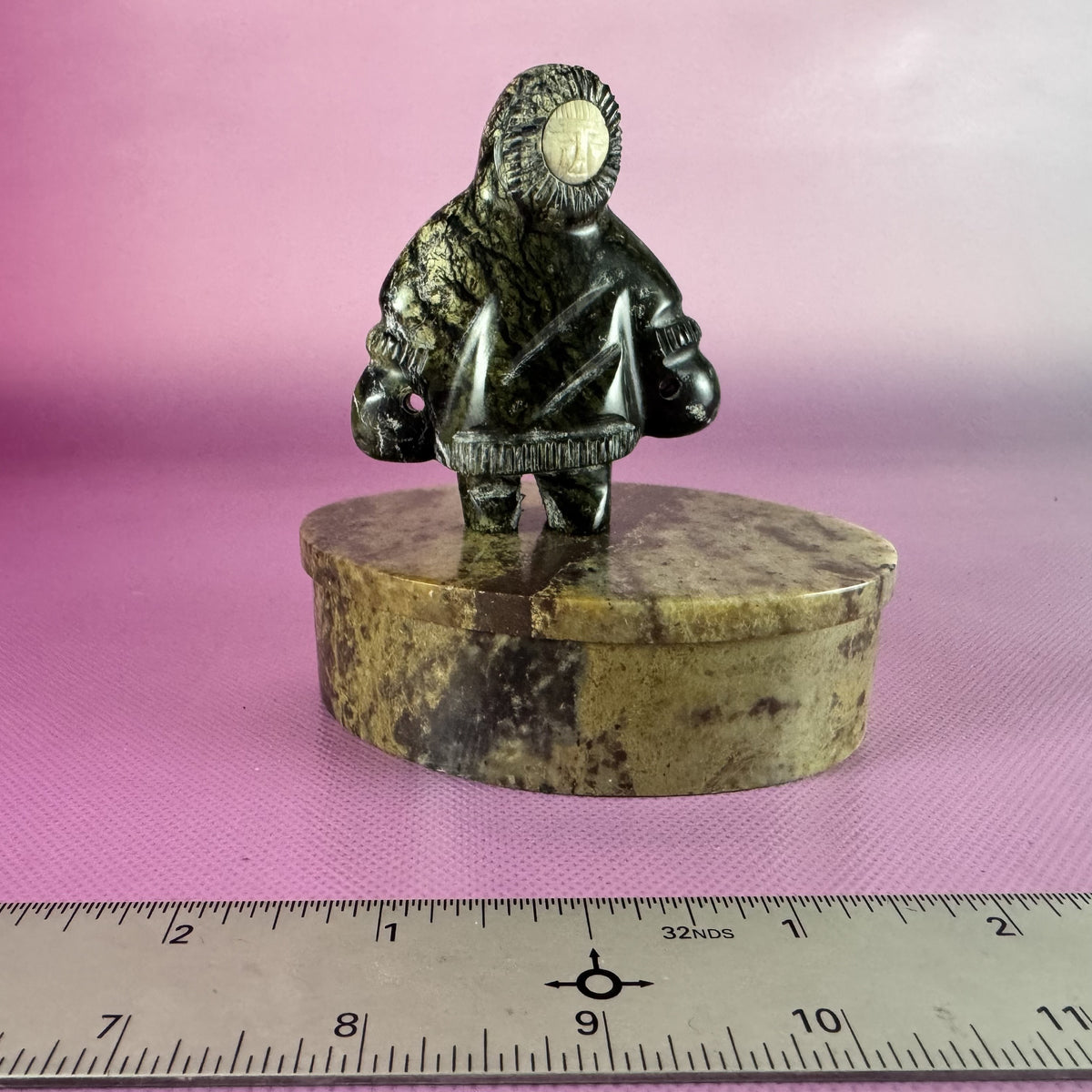 Carved Soapstone Inuit Figurine and Marble Lidded Oval Box