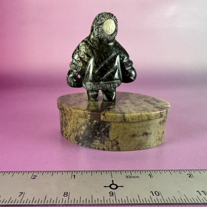 Carved Soapstone Inuit Figurine and Marble Lidded Oval Box