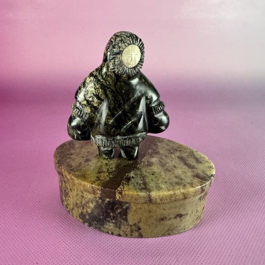 Carved Soapstone Inuit Figurine and Marble Lidded Oval Box