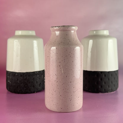 Pair Black and White Isaac Mizrahi Vases with Pink Speckled Bud Vase