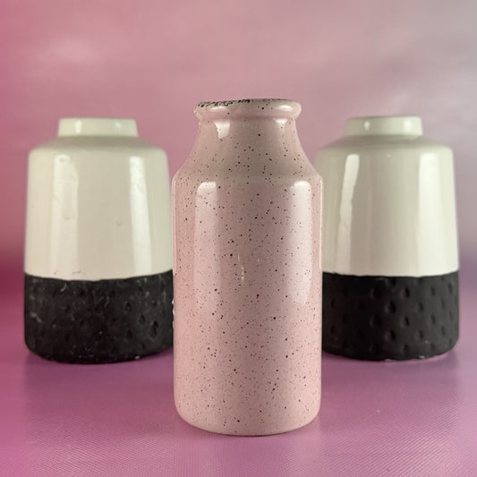 Pair Black and White Isaac Mizrahi Vases with Pink Speckled Bud Vase