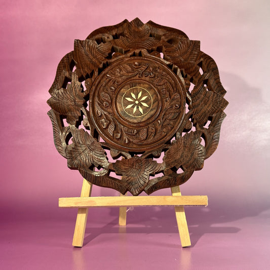 Hand-carved Round Rosewood, Inlaid Trivet-Style Wall Hanging