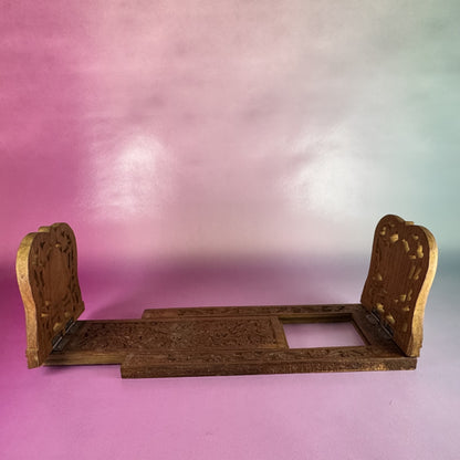 Adjustable Sliding Vintage Hand-carved Wooden Book Holder with Floral Motif Bookends
