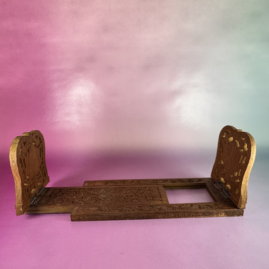Adjustable Sliding Vintage Hand-carved Wooden Book Holder with Floral Motif Bookends