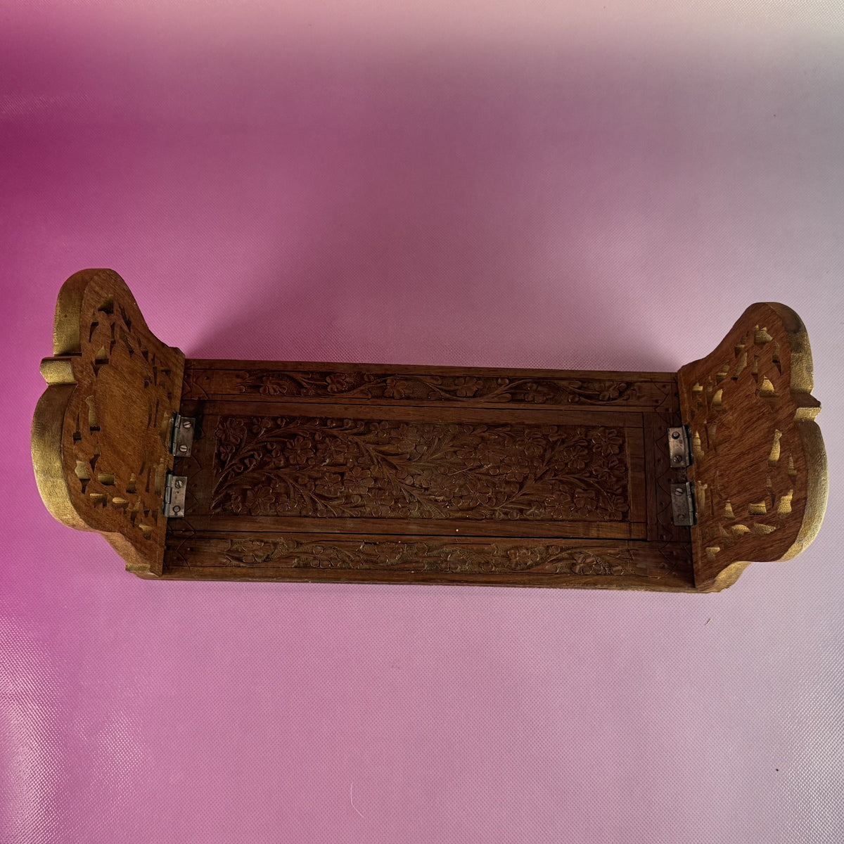 Adjustable Sliding Vintage Hand-carved Wooden Book Holder with Floral Motif Bookends