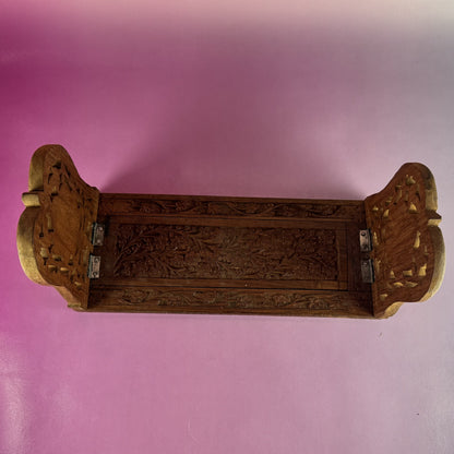 Adjustable Sliding Vintage Hand-carved Wooden Book Holder with Floral Motif Bookends