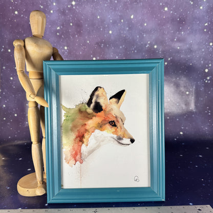 Red Fox Watercolor in Teal Frame