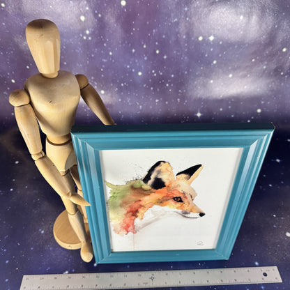 Red Fox Watercolor in Teal Frame