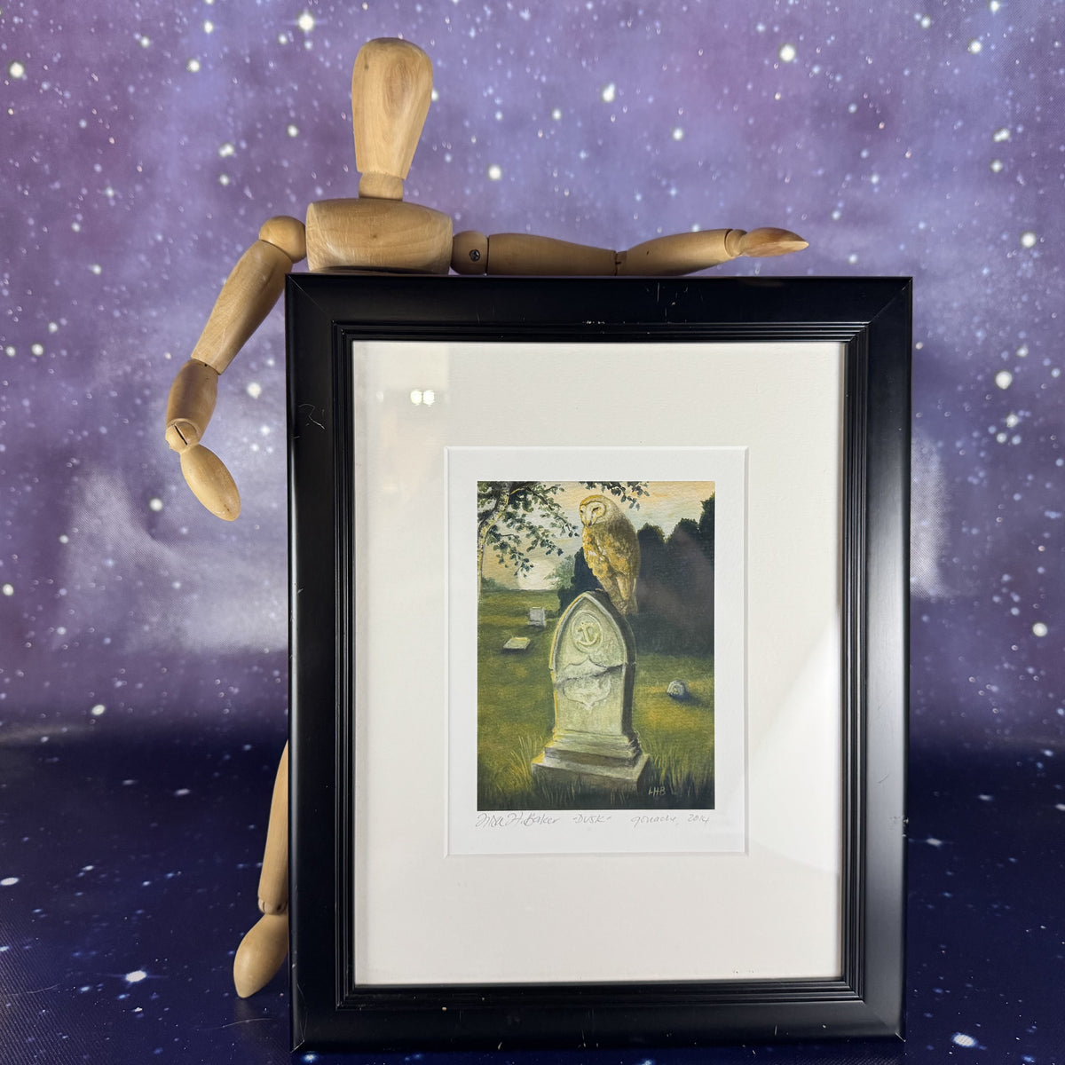 "Dusk" Matted Owl on a Headstone Lithograph with Black Frame