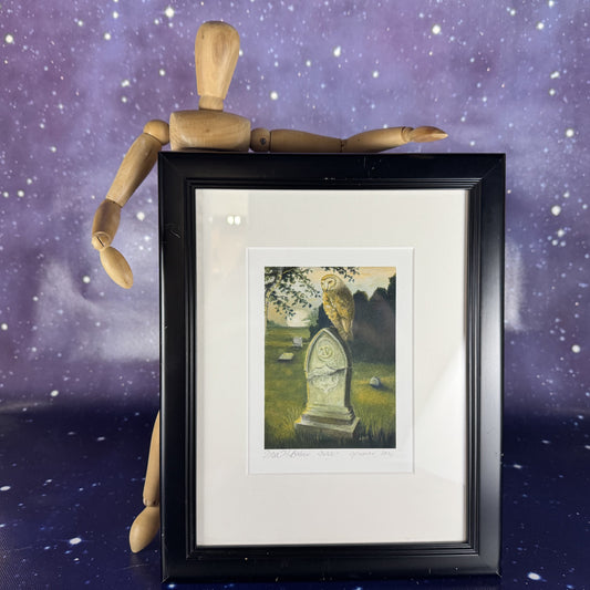 "Dusk" Matted Owl on a Headstone Lithograph with Black Frame