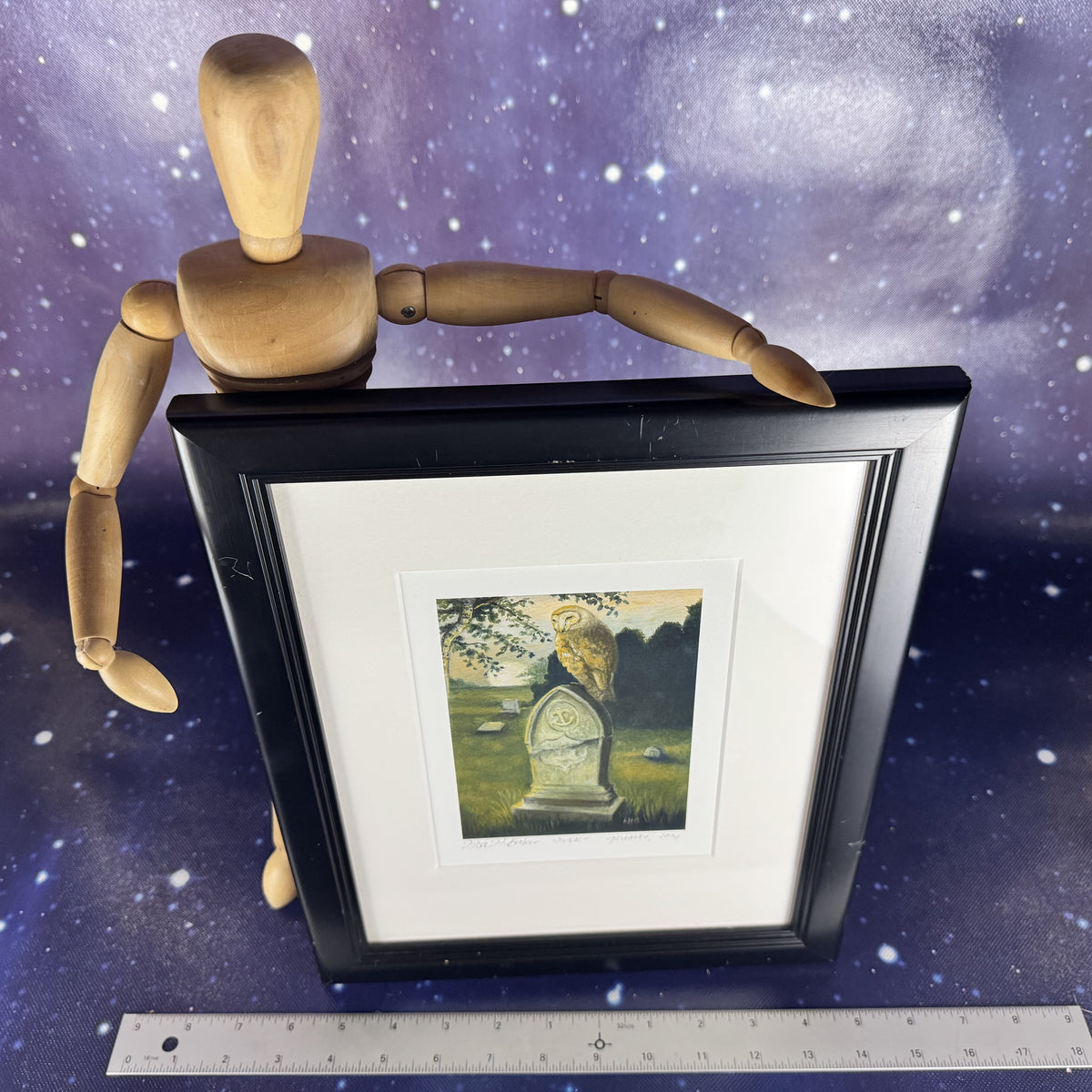 "Dusk" Matted Owl on a Headstone Lithograph with Black Frame