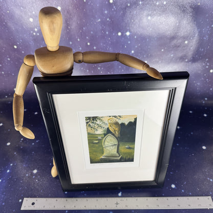 "Dusk" Matted Owl on a Headstone Lithograph with Black Frame
