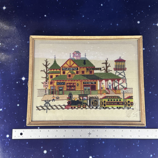 Framed Embroidered Depiction of Railroad Station