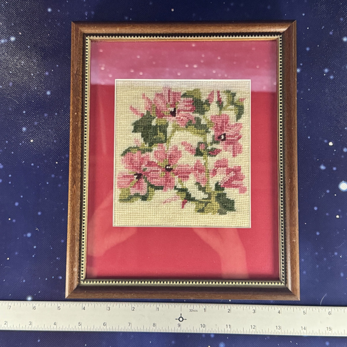 Pink Matted and Framed Needlepoint Floral Wall Hanging