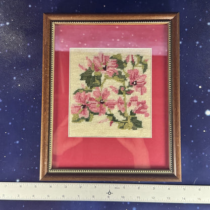 Pink Matted and Framed Needlepoint Floral Wall Hanging