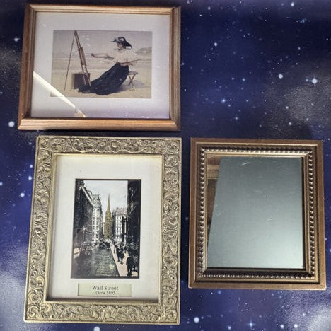 Pair of Victorian Framed Prints with Accompanying Bronze-Framed Mirror