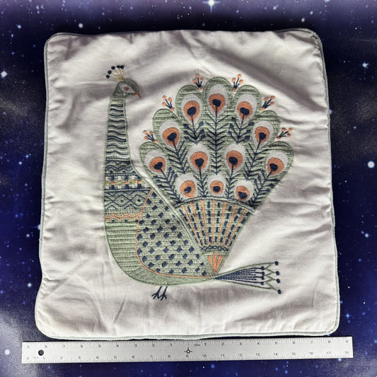 17" Square Pillow Cover with Embroidered Peacock
