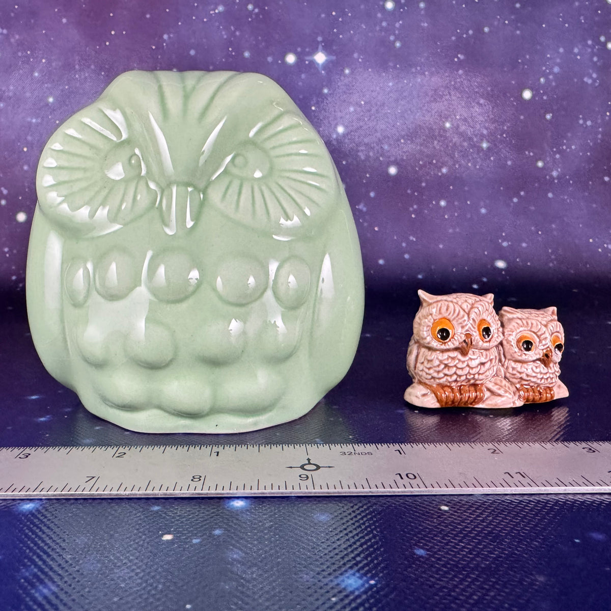 Green Ceramic Owl Coin Bank with Pepper Shaker Sidekick