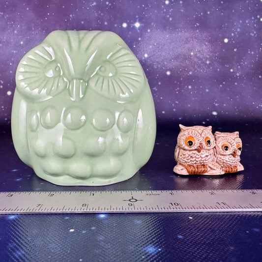 Green Ceramic Owl Coin Bank with Pepper Shaker Sidekick
