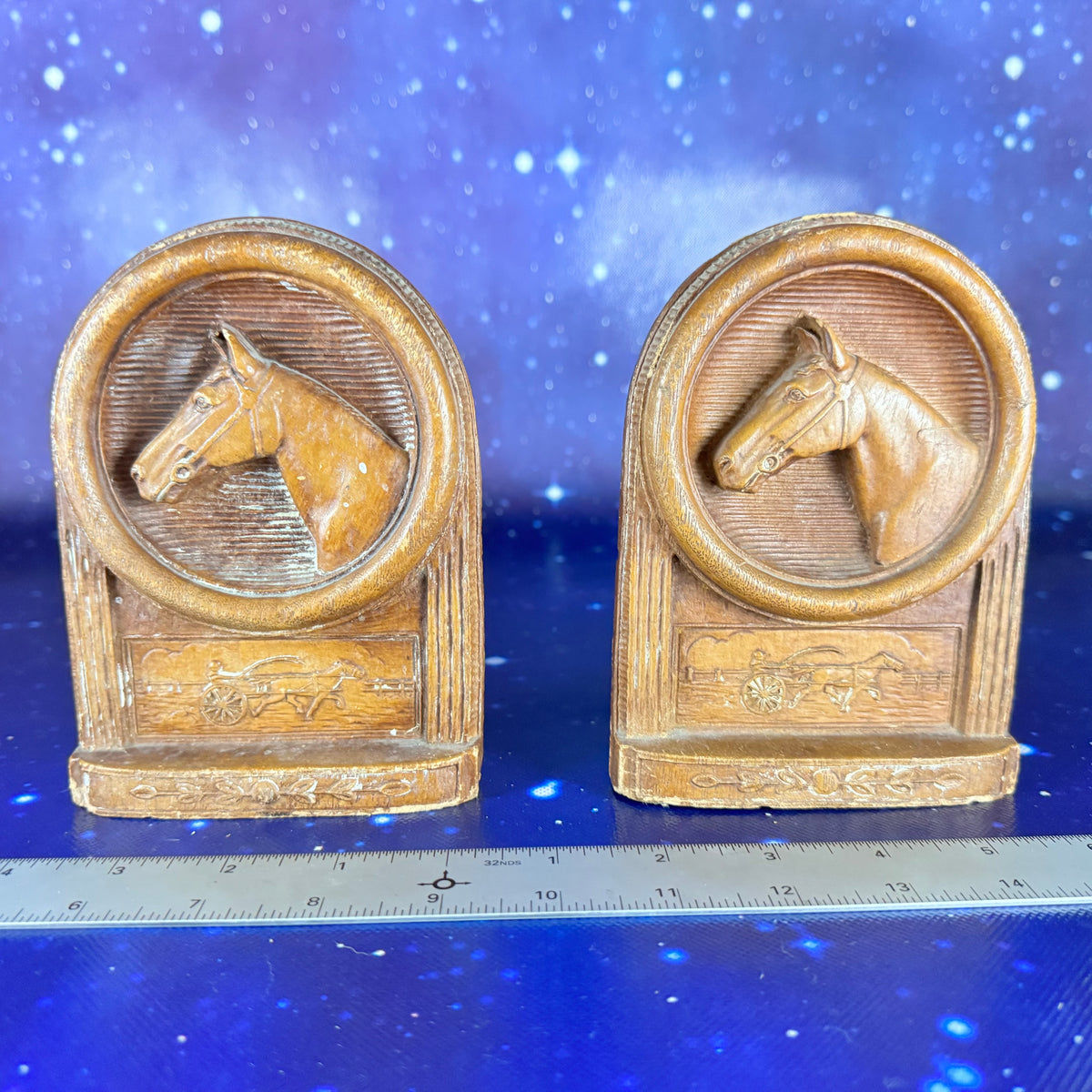 Wooden Bookends with Carved Horseheads