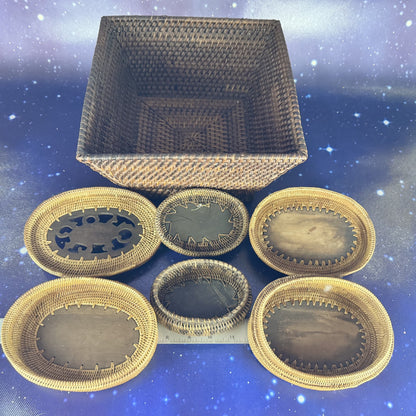 Three Oval-Lidded Woven Boxes with Carved Wooden Animal Figurines and Square Woven Container