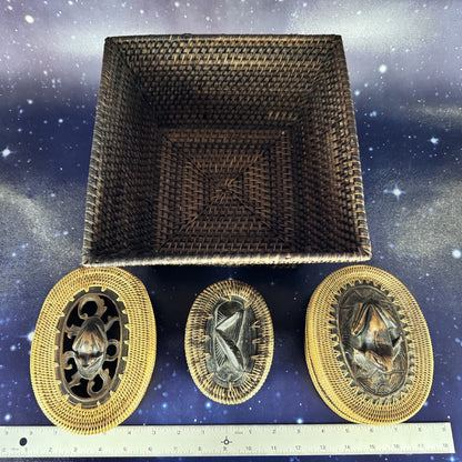 Three Oval-Lidded Woven Boxes with Carved Wooden Animal Figurines and Square Woven Container