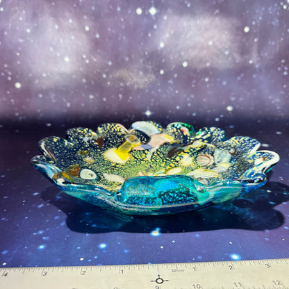 Multi-colored Folded Scalloped Art Glass Dish