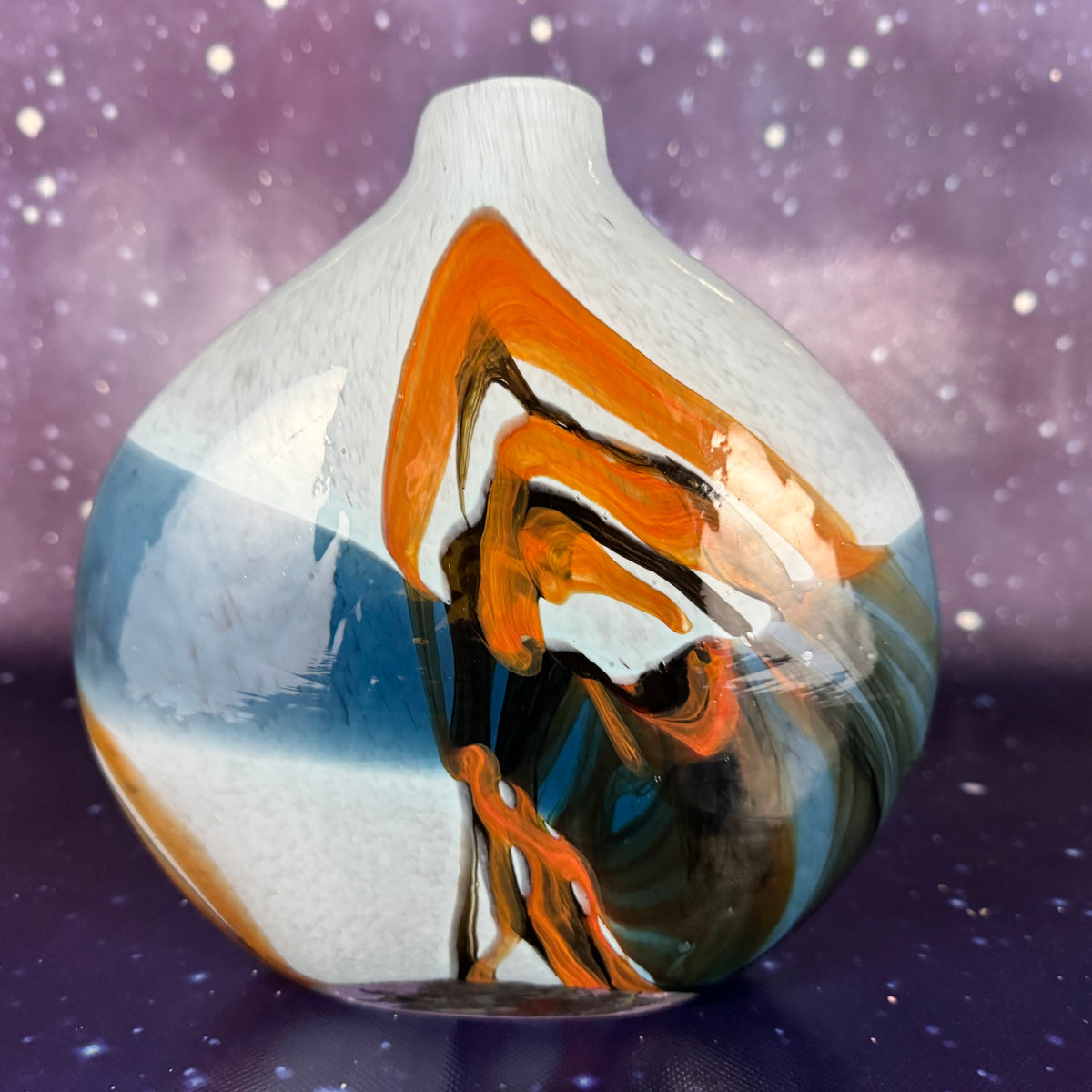 Art Glass Opalescent Handblown Vase with Brown Accents