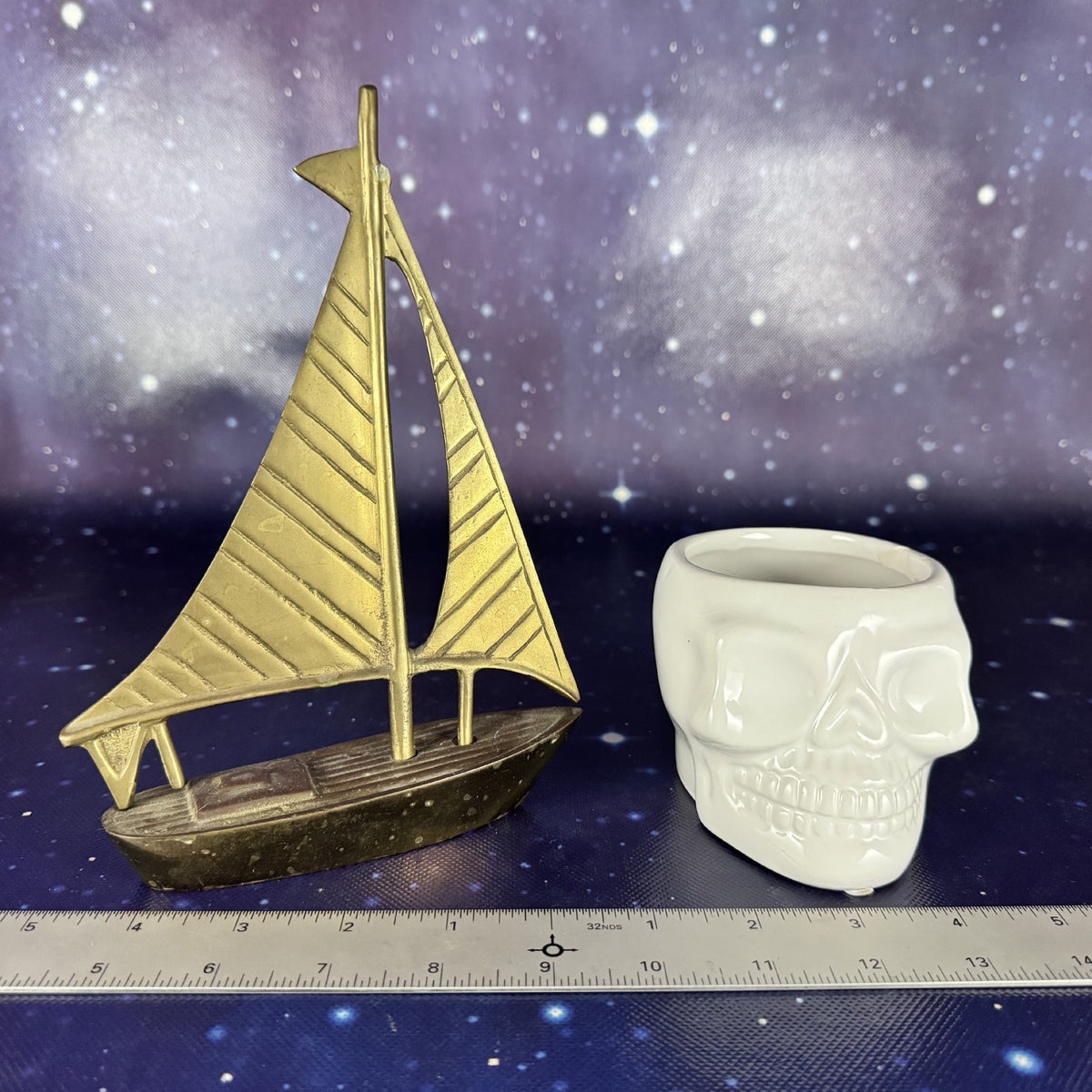 Brass Sailboat with Ceramic Skull Planter
