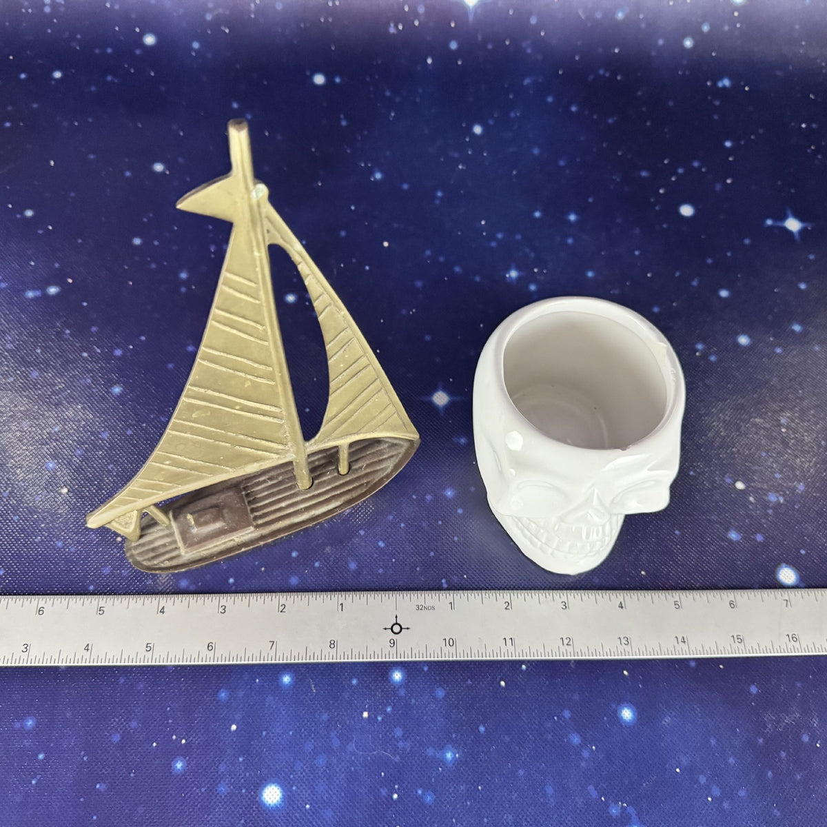 Brass Sailboat with Ceramic Skull Planter