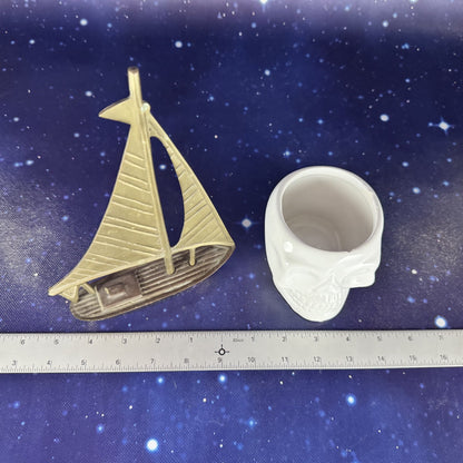 Brass Sailboat with Ceramic Skull Planter