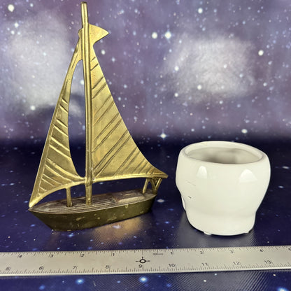 Brass Sailboat with Ceramic Skull Planter