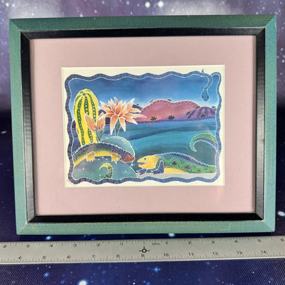 Matted Southwestern Landscape with Lizard in Turquoise Frame