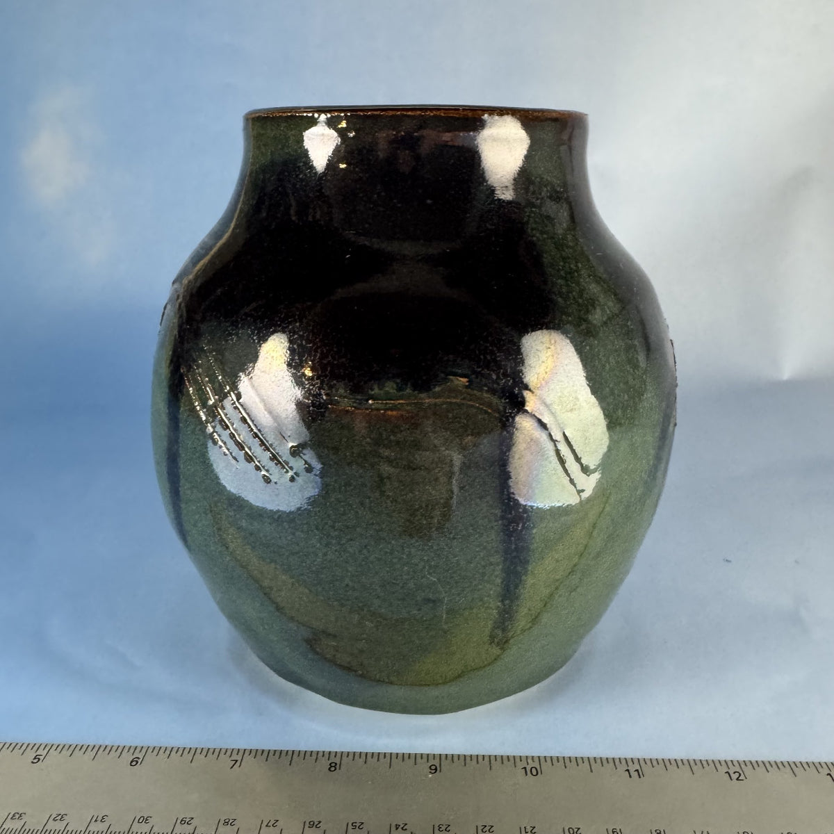 Hand-thrown Pottery Vase with Green and Brown Glaze