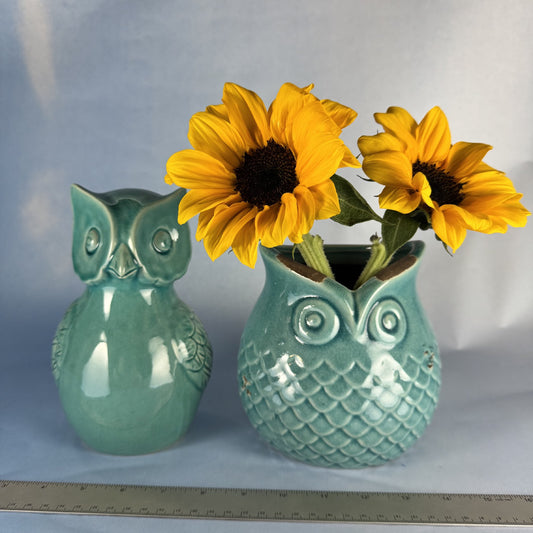 Pair of Turquoise Owl Ceramic Vase and Figurine