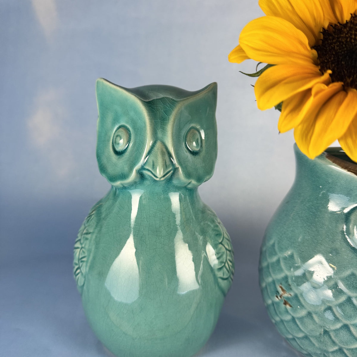 Pair of Turquoise Owl Ceramic Vase and Figurine