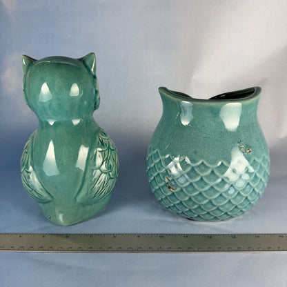 Pair of Turquoise Owl Ceramic Vase and Figurine