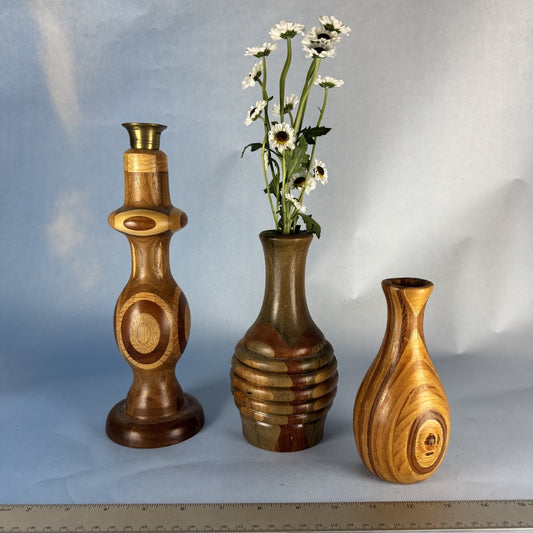 Trio of Hand-Turned Vases and Candlestick