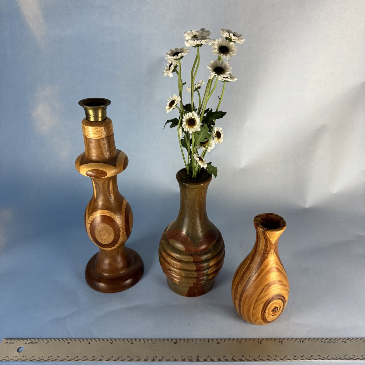 Trio of Hand-Turned Vases and Candlestick