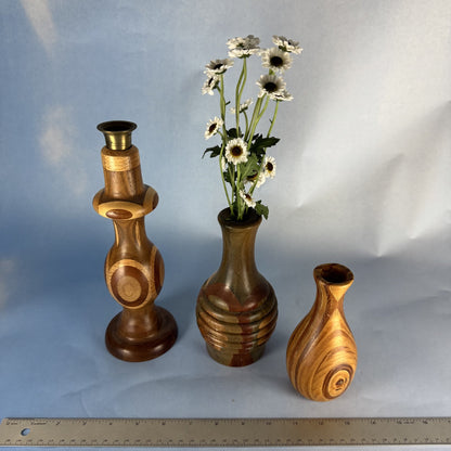 Trio of Hand-Turned Vases and Candlestick